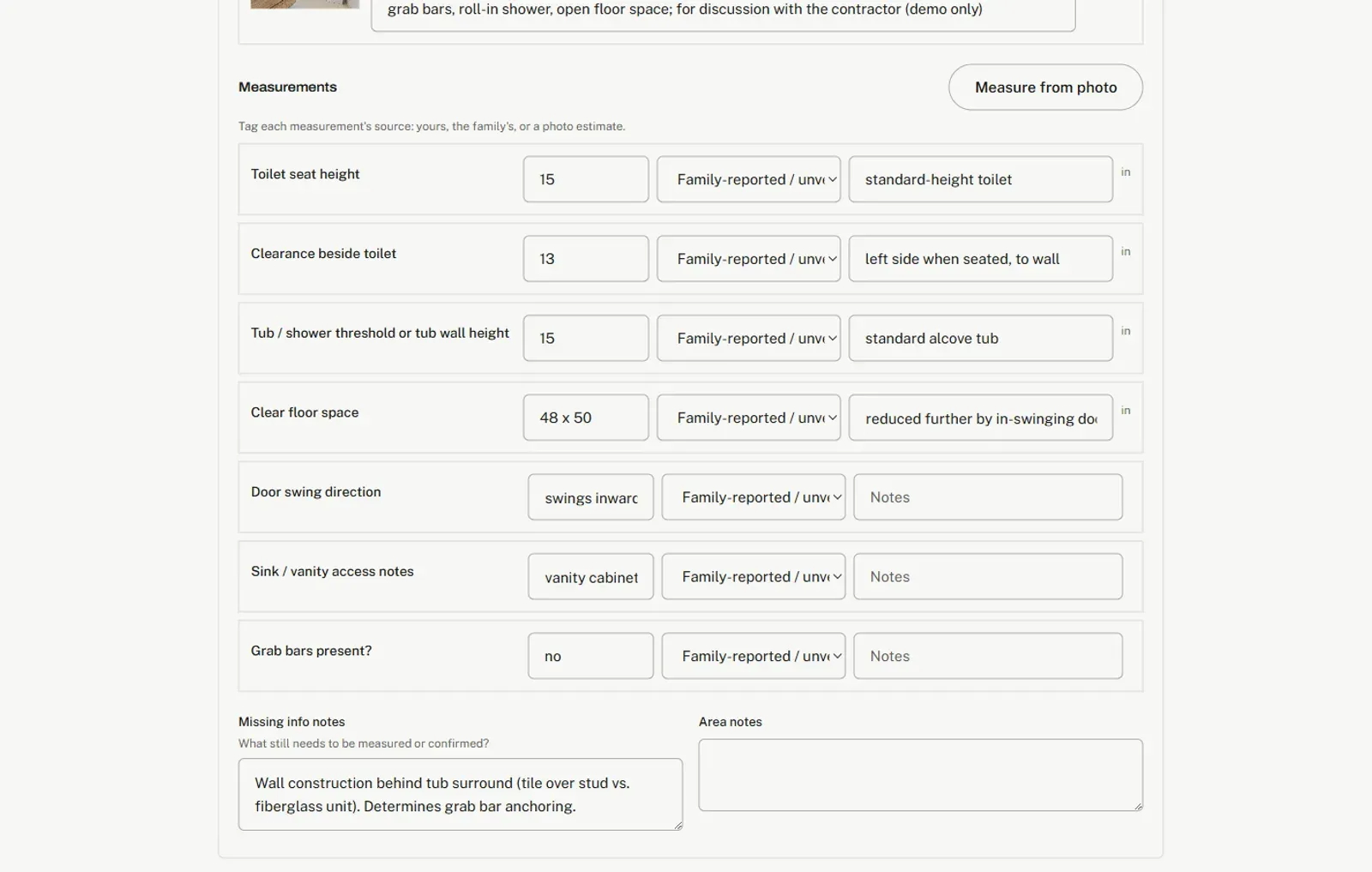 The case editor's Areas tab: bathroom measurements, each row tagged with its source, like Family-reported or unverified.