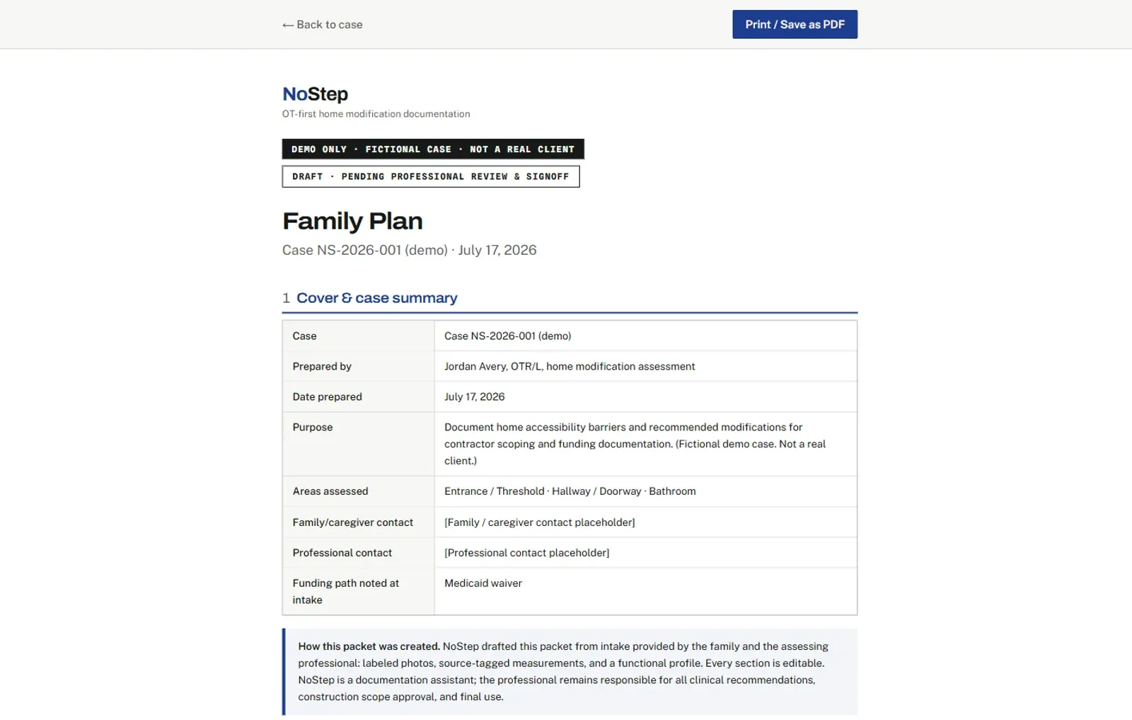 The Family Plan print view for the demo case: a demo-only banner over the case summary table.