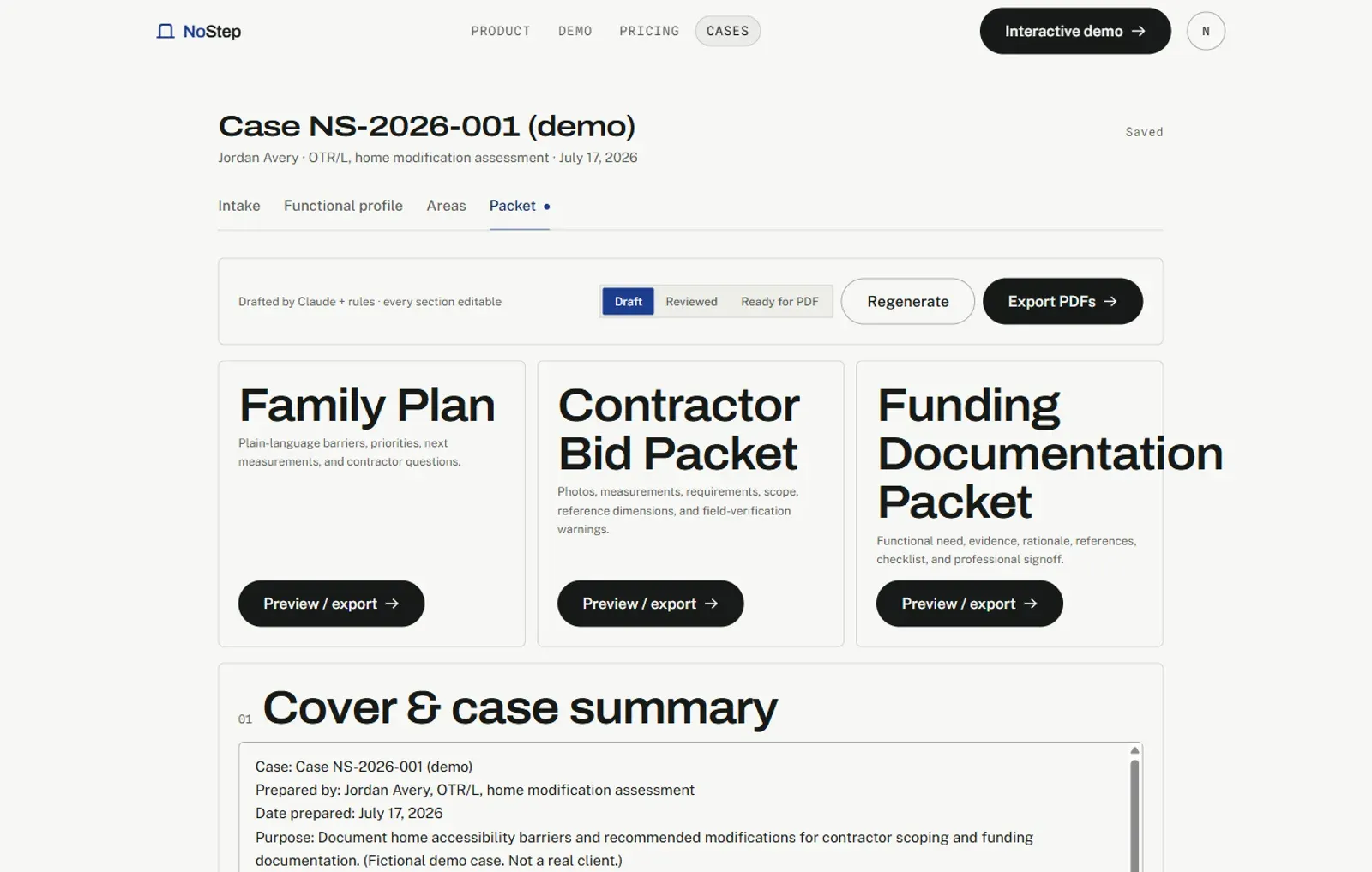 The case editor's Packet tab: Family Plan, Contractor Bid Packet, and Funding Documentation Packet export options above the drafted cover and case summary section.